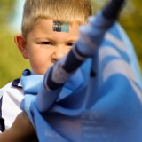 Dublin GAA-supporter  Een kleine Dublin GAA-supporter na de nationale Hurling kwartfinale in het Croke Park stadion.